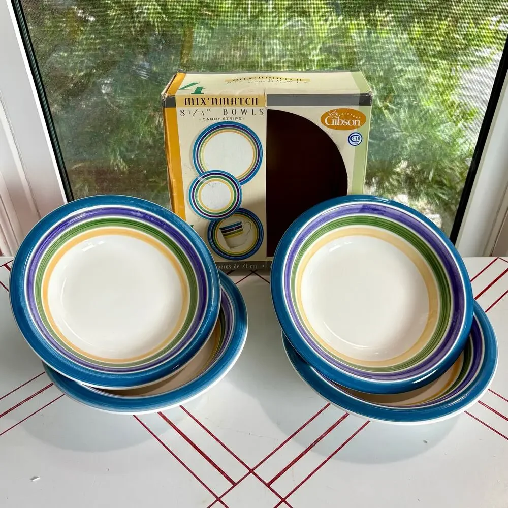 Vintage Gibson Candy Stripe Blue Purple and Green and Yellow Bowls Set of 4 8.25